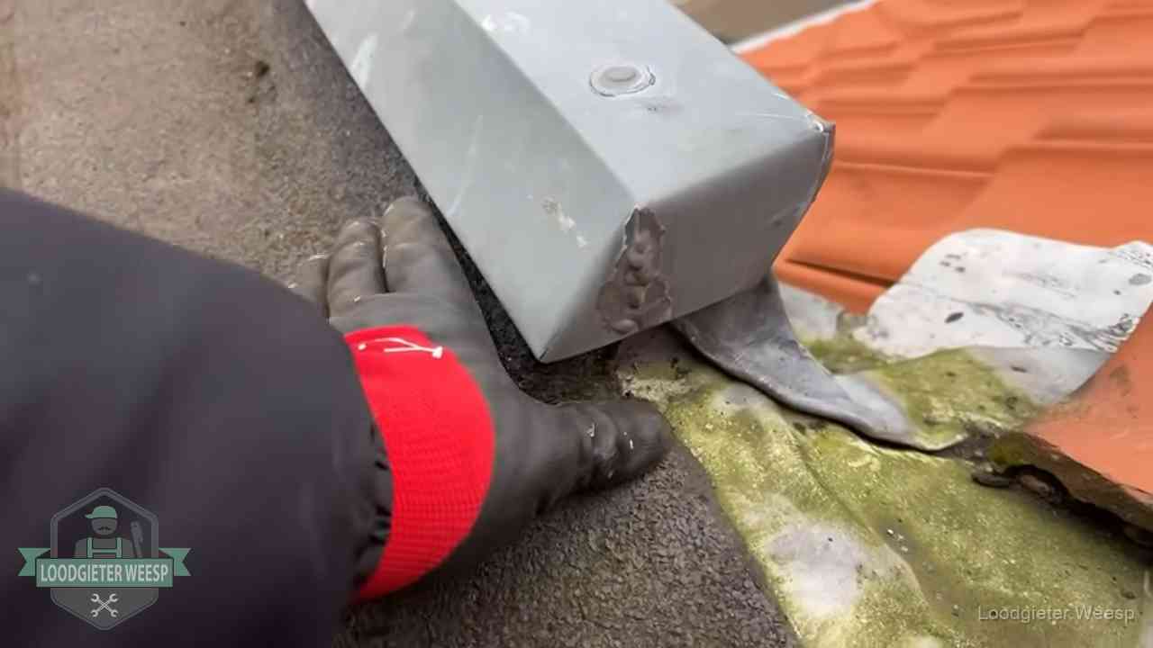 Controle van een zinken hemelwaterafvoer met loodslab bij dakpannen in Weesp